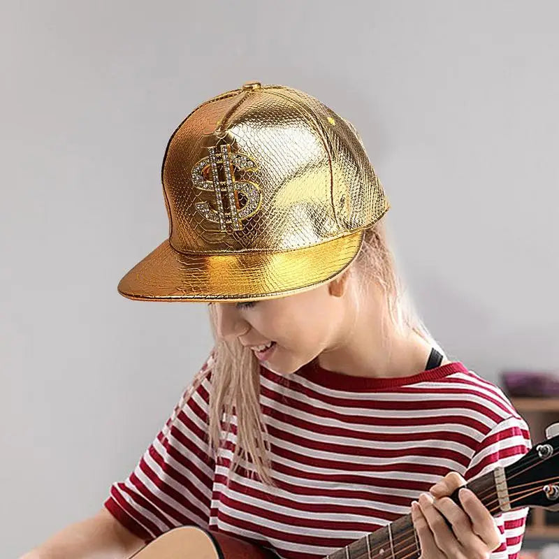 Crocodile Hip Hop Cap – Gold Dollar Sign Flat Brim Fitted Hat for Youth