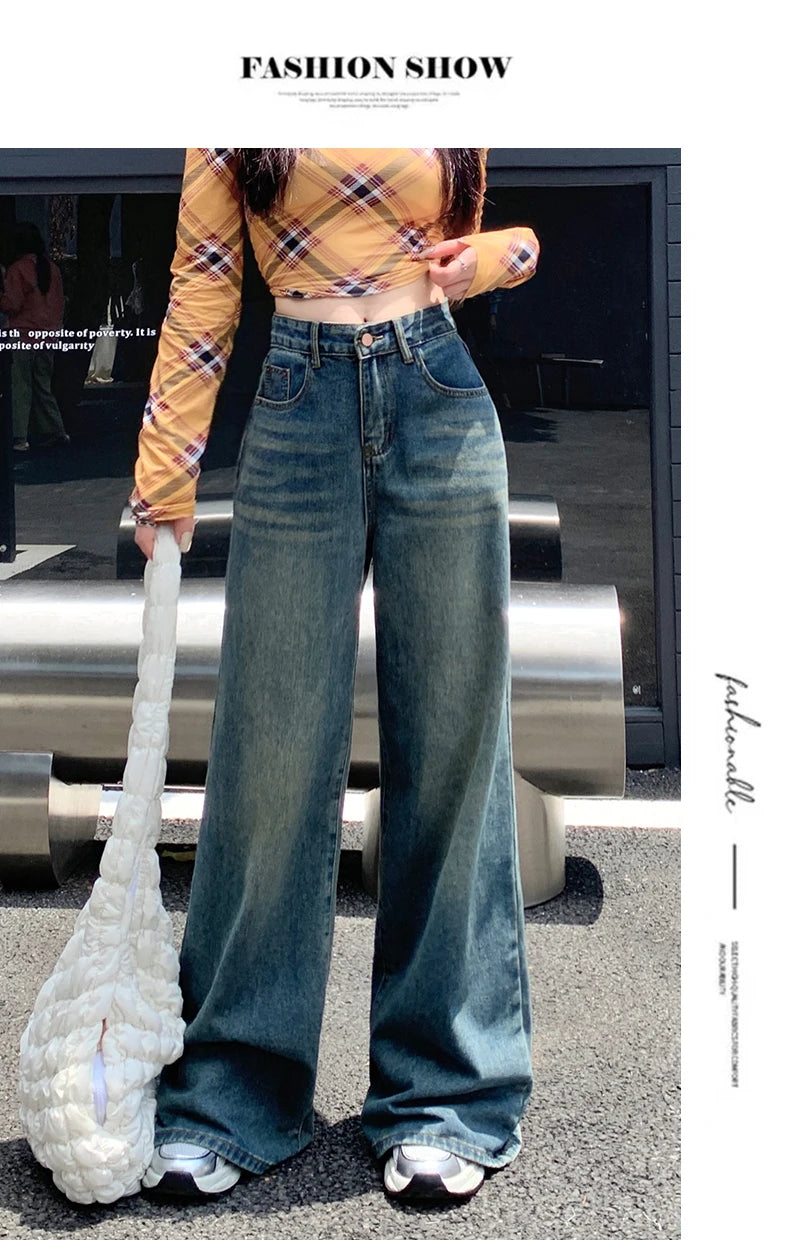 Womens Jeans Denim Pants 2025 Euramerican High Waist Girl Style Colorful Straight Leg Wide Leg Trousers