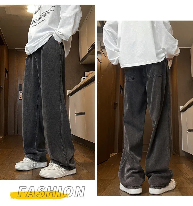 Mens Black Gray Loose Straight Wide Leg Jeans Casual Pantslue
