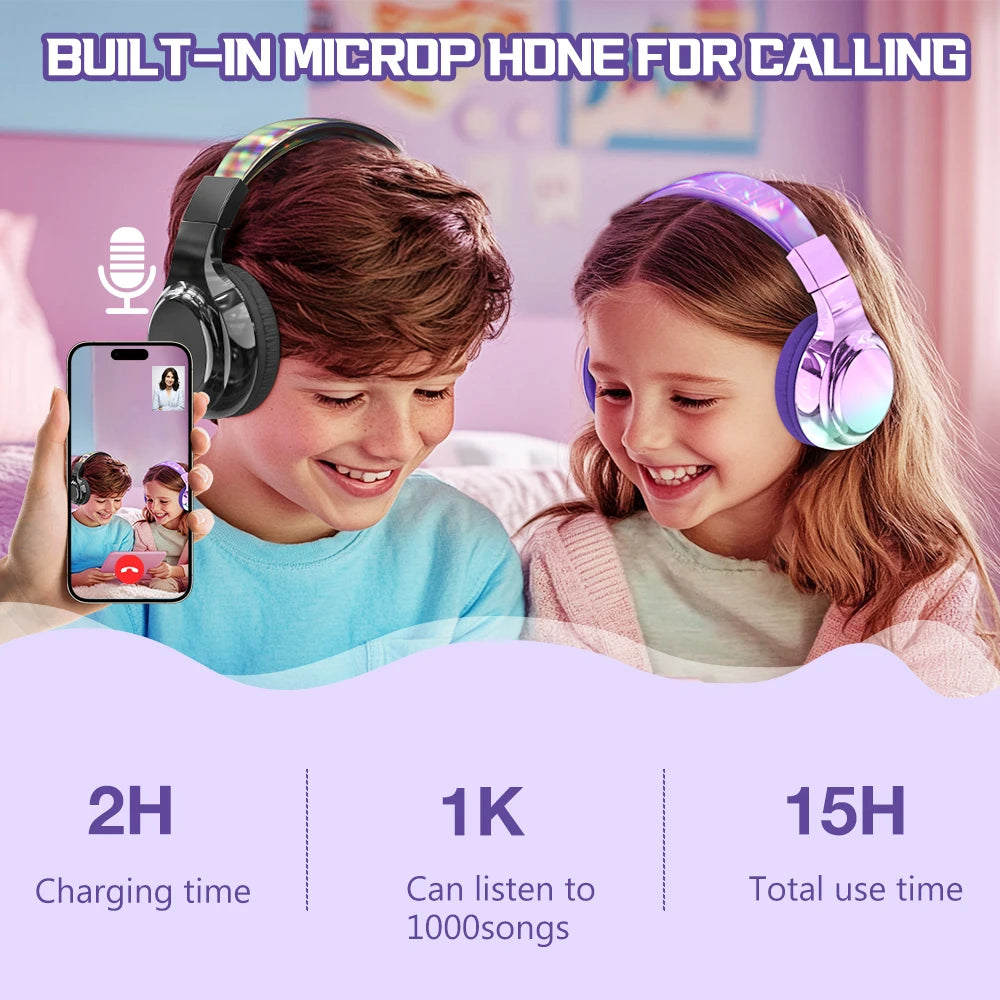 Glossy Bluetooth Headphones For Kids Girls Wireless Stereo Headset With Mic