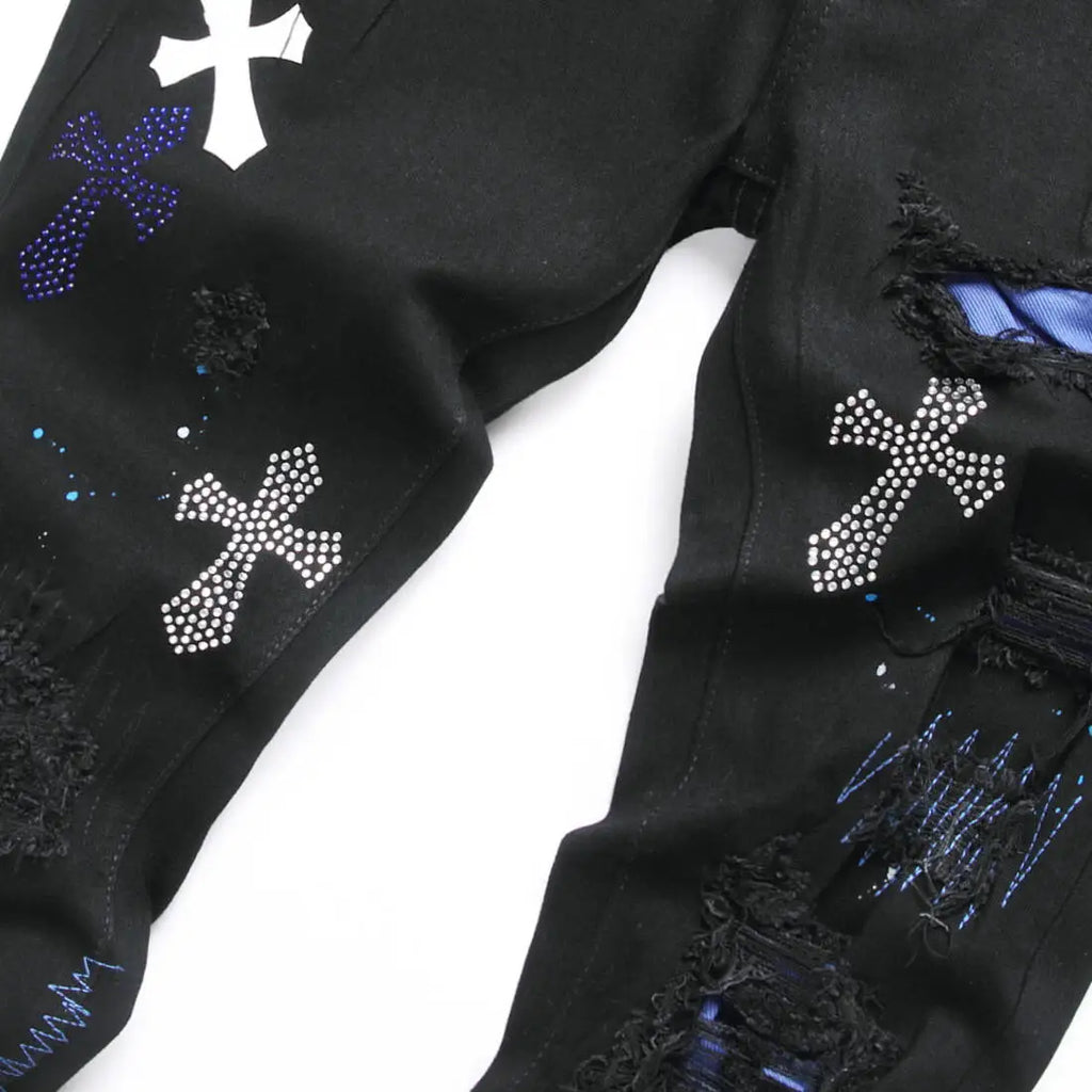 Mens Black Distressed Patch Jeans Elastic Slim Fit Pants