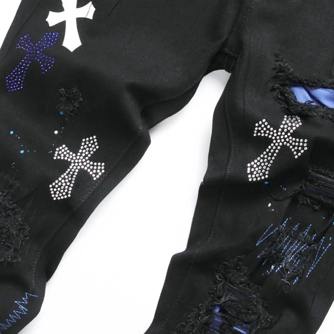 Mens Black Distressed Patch Jeans Elastic Slim Fit Pants