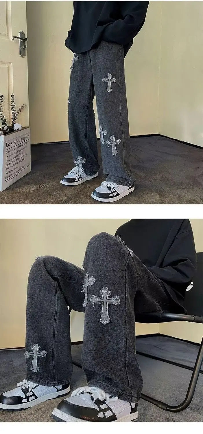 Mens Straight Loose Denim Jeans Cross Embroidery Black Blue Casual Pants