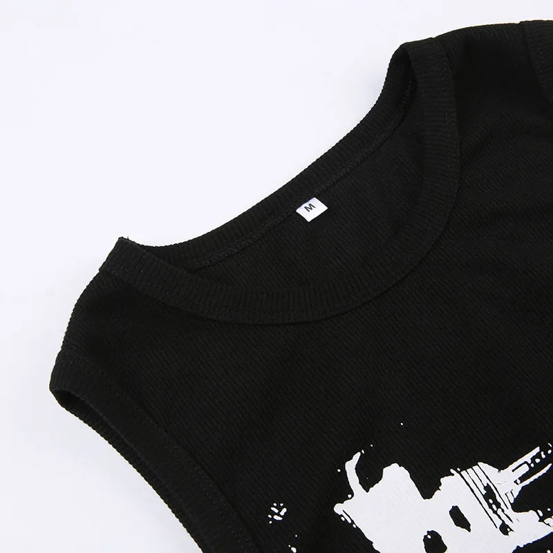 Guitar Print Sleeveless Tank Top Y2K Casual Ribbed Women Grunge Crop Top Harajuku Fashion Vest Tee 90s Street Outfits