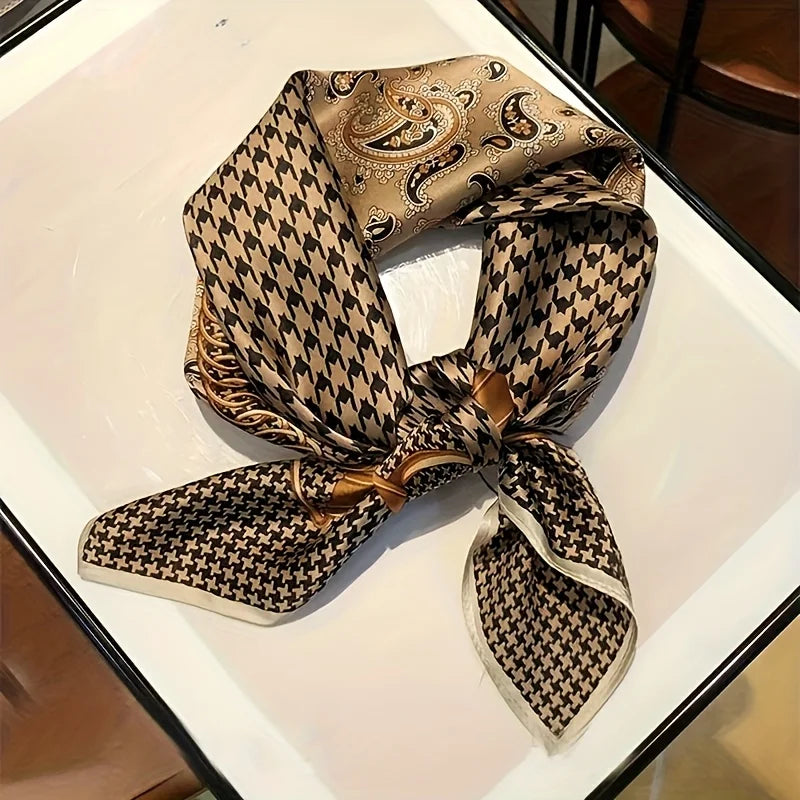 New Paisley Houndstooth Printed Square Scarf Coffee Color Thin Smooth Neck Scarf Vintage Style Sunscreen Headscarf For Women
