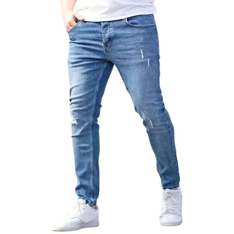Ripped Jeans Men Skinny Light Blue High Street Style Male Jeans Elasticity Slim Fit Frayed Casual Men Pants Trousers Biker Jeans