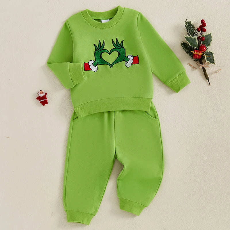 Baby Boy Girl Christmas Outfit Green Monster Long Sleeve Sweatshirt Solid Long Pants 2 Piece Set