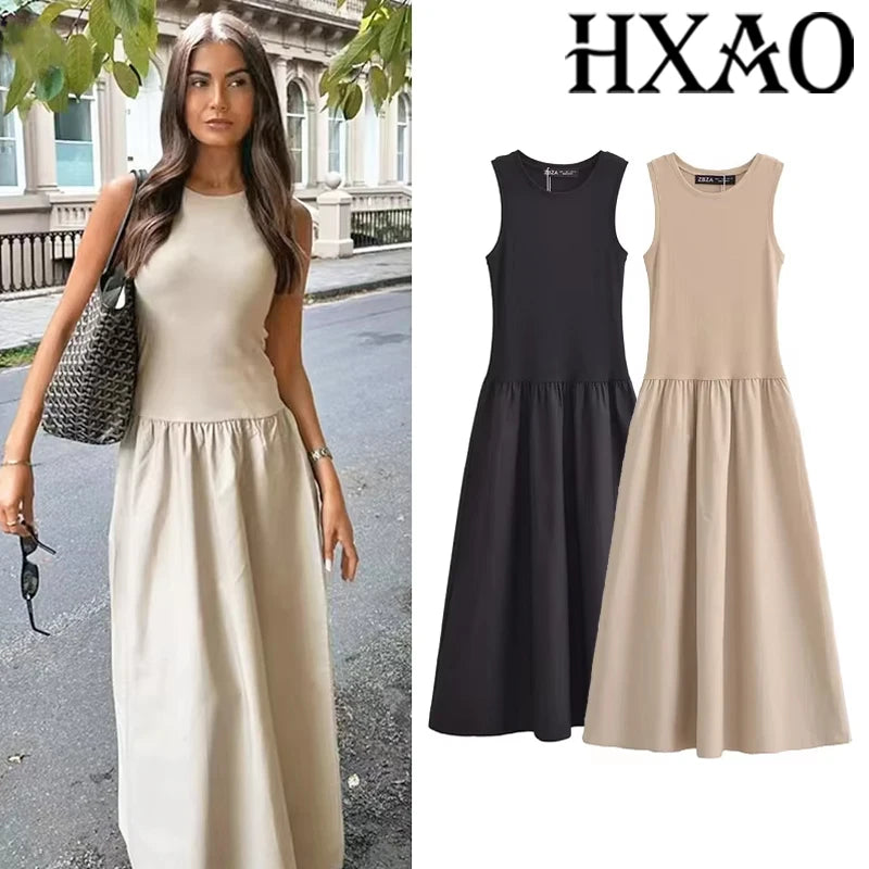Women’s Khaki Sleeveless Long Dress Casual Party Spring 2025 Y2K Vestidos