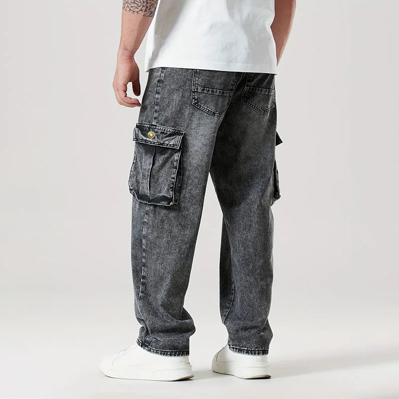 Mens Loose Straight Leg Jeans Large Pocket Casual Work Pants