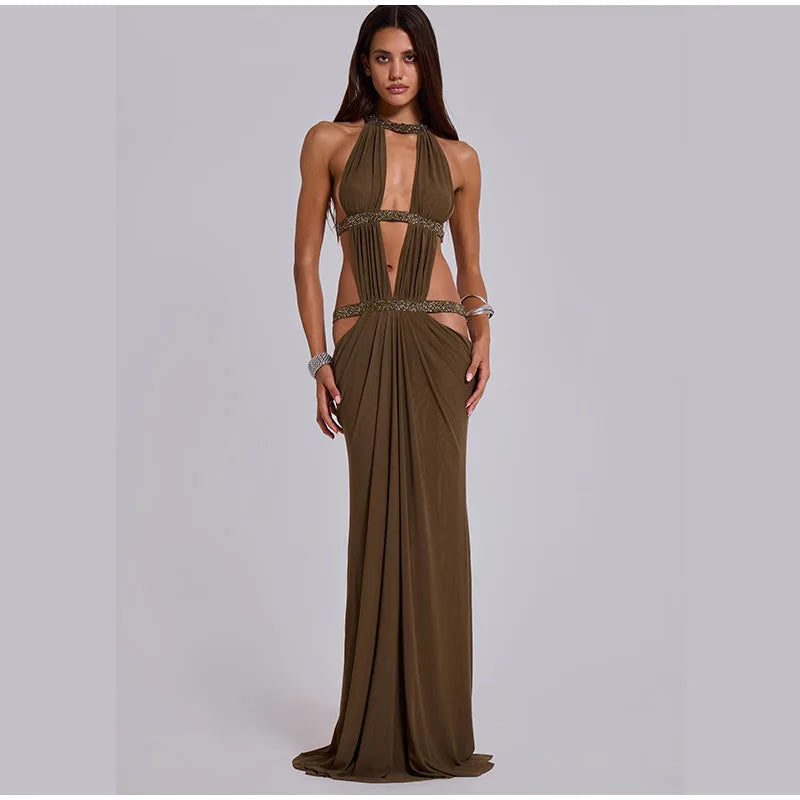 Women’s Sequin Halter Neck Sleeveless Backless Evening Maxi Dress