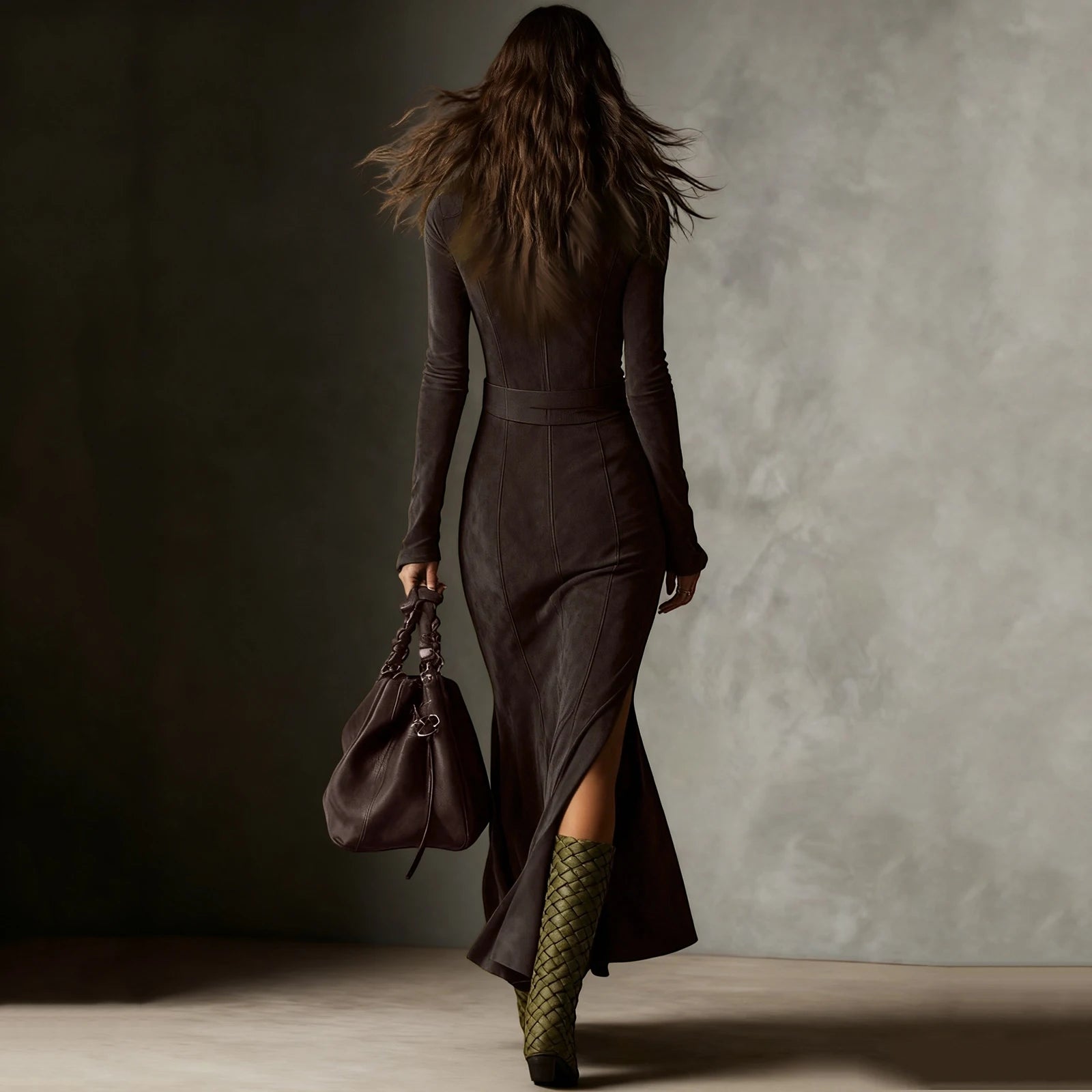 Women's Ruched Wrap Maxi Shirt Dress - Long Sleeve High Slit Ruffle Hem