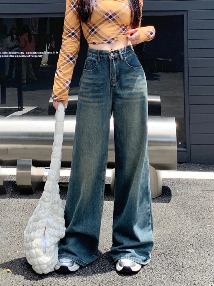 Womens Jeans Denim Pants 2025 Euramerican High Waist Girl Style Colorful Straight Leg Wide Leg Trousers
