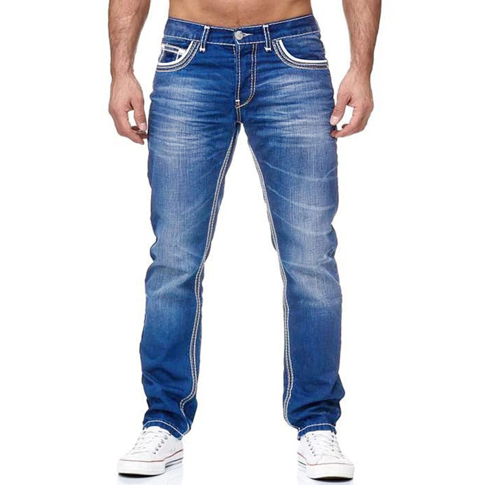 Men's Straight Leg Loose Jeans - Washed Denim Streetwear Trousers, Blue
