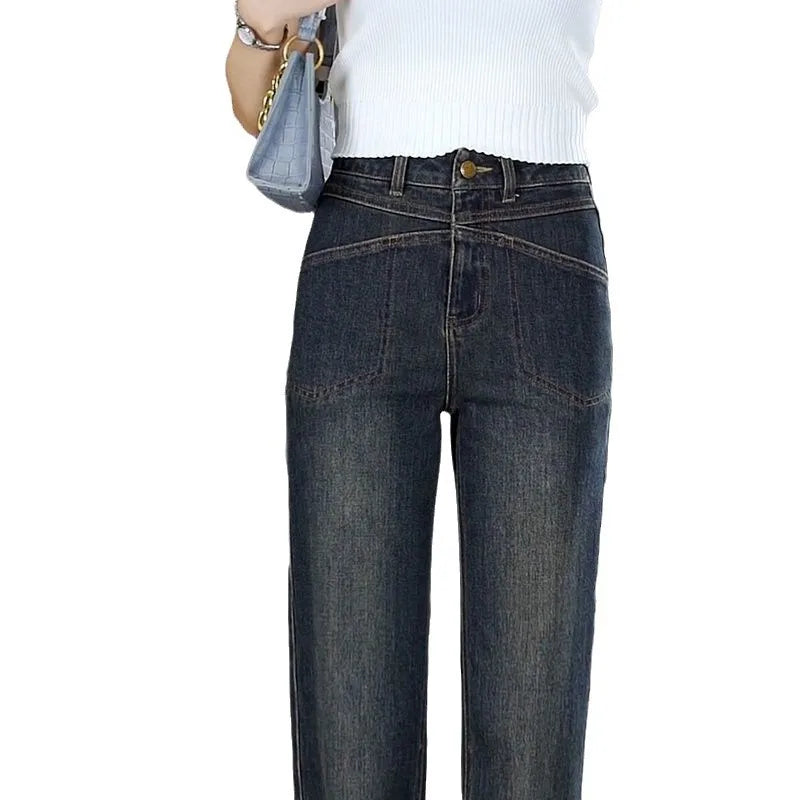 Women's Narrow Straight Leg Jeans  Fall Winter New Plush Lined Thick Korean Retro Relaxed Casual Trousers High Waist Flattering