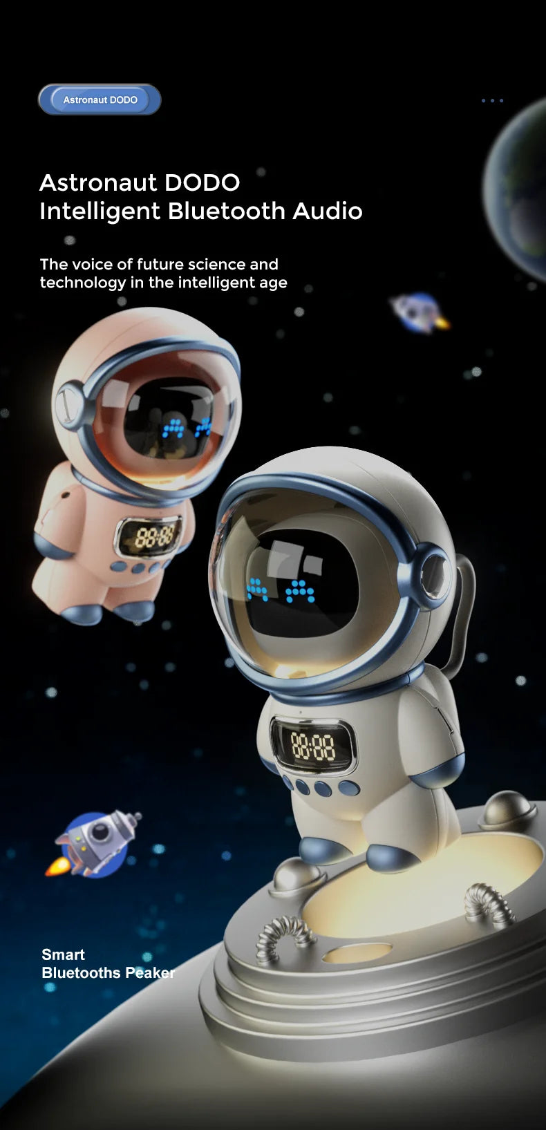 Smart Astronaut Bluetooth Speaker with Night Light, FM Radio, Portable Wireless Subwoofer Speaker
