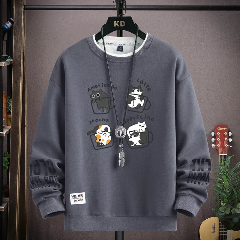 Men's Sweatshirt Streetwear Cat Coffee Printed Long Sleeve T-shirt Fashion Men's Clothing Casual Crew Neck Harajuku Top 2024 New