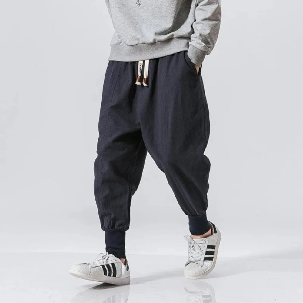 Men’s Cotton Linen Harem Pants - Baggy Drop-Crotch Streetwear Joggers