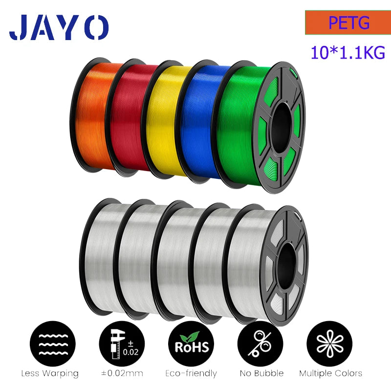 JAYO petg Filament 3d PETG 1.75mm 10Rolls Neatly Wound Toughness no bubbles 3D Printer Filament for FDM Muticolor 1.1KG /roll - trendingshoping.com