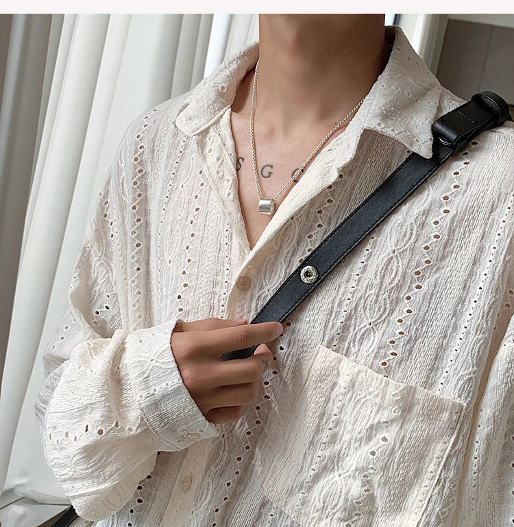 Men's Mesh Long Sleeve Shirt - Sexy Hollow Out Vacation Button-Down