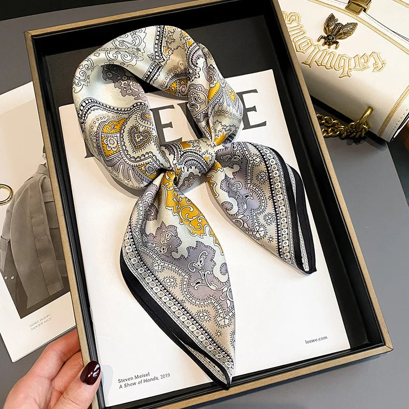 New Paisley Houndstooth Printed Square Scarf Coffee Color Thin Smooth Neck Scarf Vintage Style Sunscreen Headscarf For Women