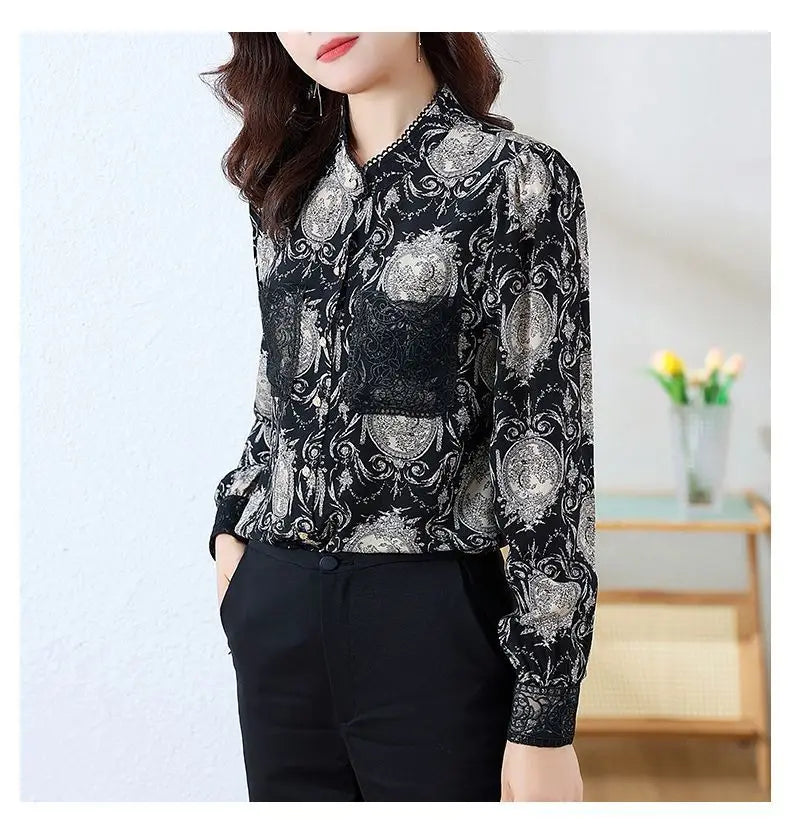 Women's Printed Satin Shirt - Slim Fit Long Sleeve Blouse for Spring & Autumn, Office Wear