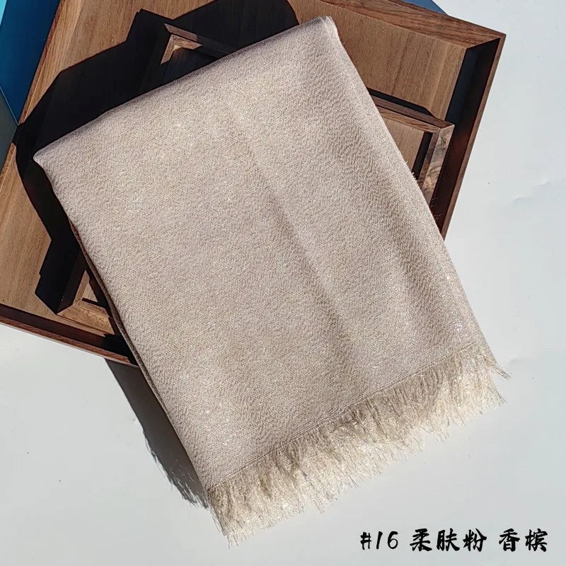 Lastest Brand Design Scarf Shiny Solid Color Shawls Rayon Fabric Gold Silk Silver Wire Head Shawl Fringe Hijab For Women