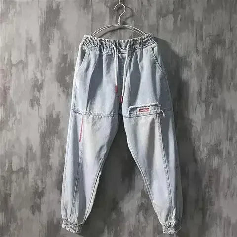 Mens Black Elastic Waist Baggy Harem Jogger Jeans Ankle Band Cargo Pants