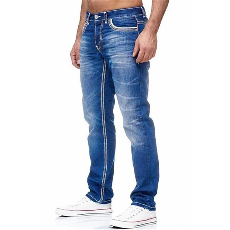 Men's Straight Leg Loose Jeans - Washed Denim Streetwear Trousers, Blue