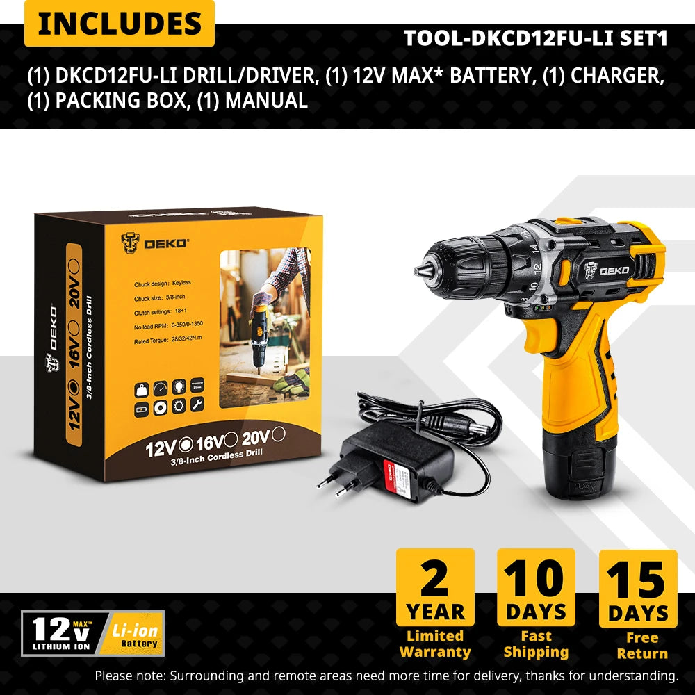 DEKO Cordless Drill 2 Speed Electric Screwdriver with Lithium Battery