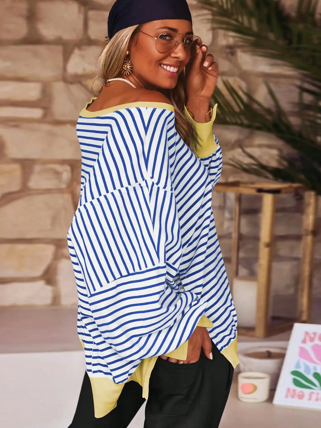 Women Spring Autumn Long Sleeve Loose Tops Crew Neck Striped Side Slits Shirt Casual Pullover Sweatshirt Tops