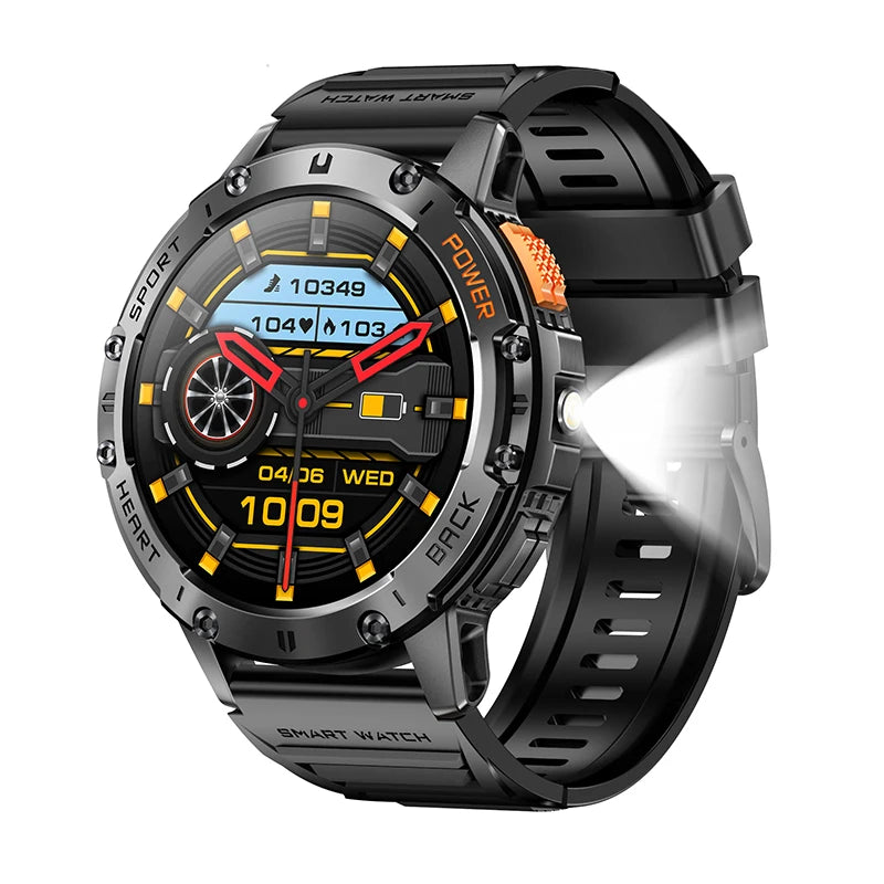 AMOLED Smart Watch for Men – Waterproof Sports Fitness Tracker with Flashlight & Bluetooth Call + Box