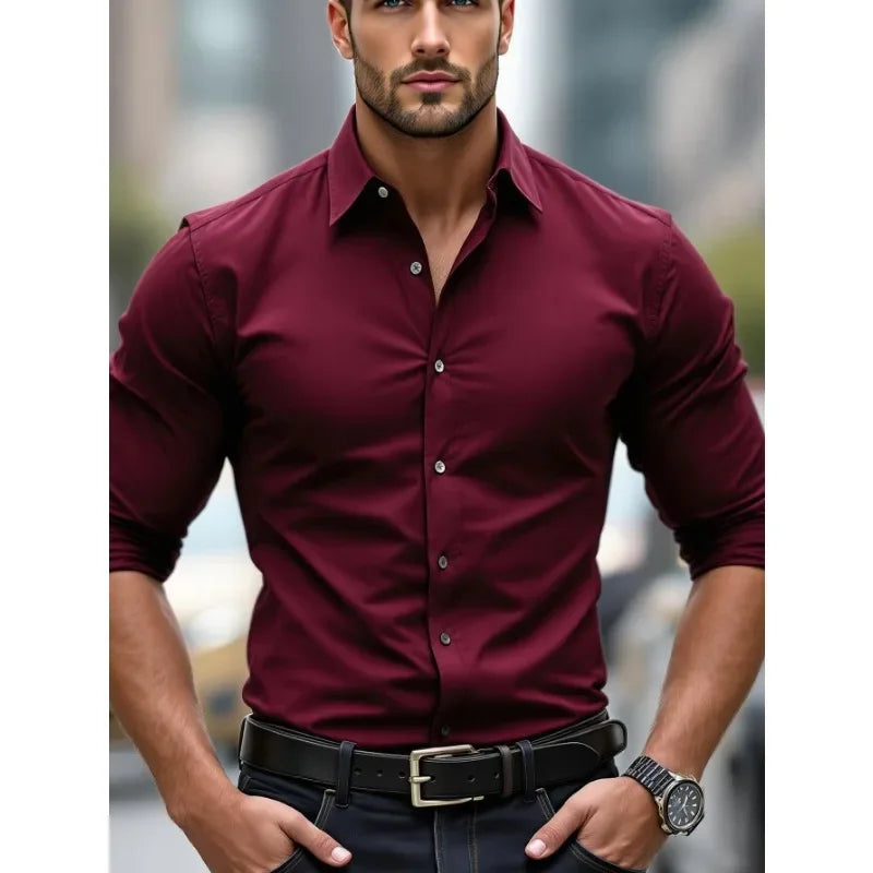 Men's Solid Color Long Sleeve Shirt – Smart Casual Elastic Business Shirt, 2025 Four-Season Wear