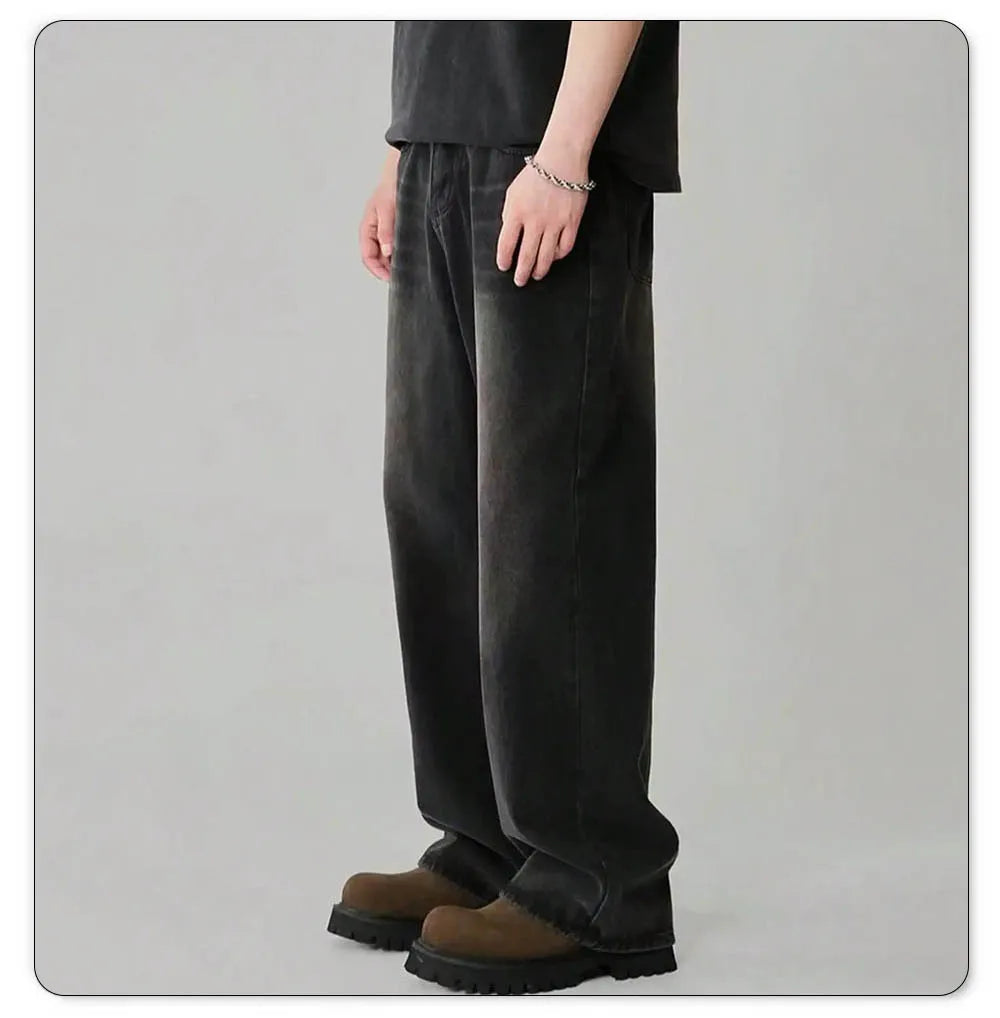 Mens Straight Loose Wide Leg Baggy Jeans Black Gray Blue Casual Pants