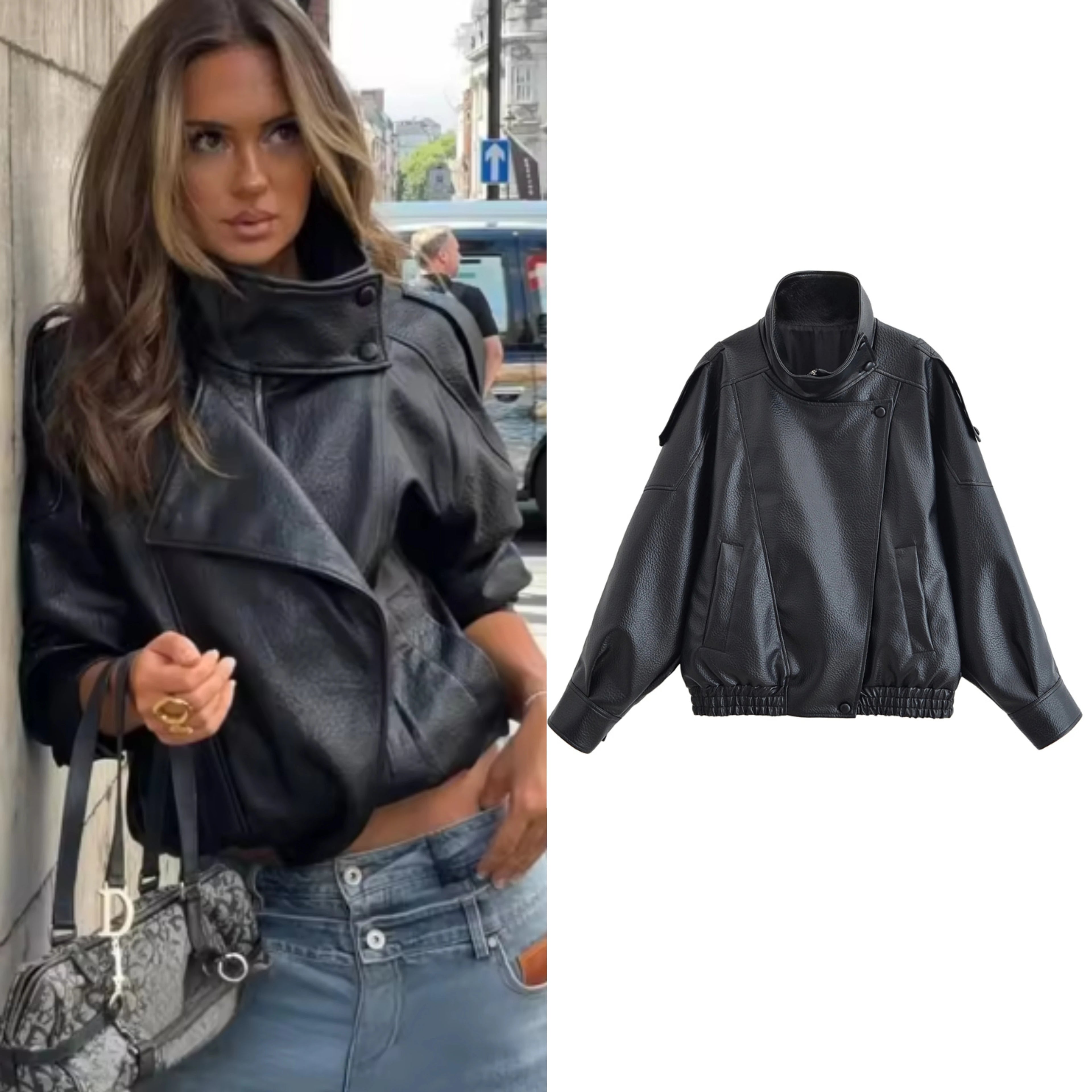 Womens Jacket Fall 2025 New Black Long Sleeve Pebble Faux Leather Motorcycle Style Fashion