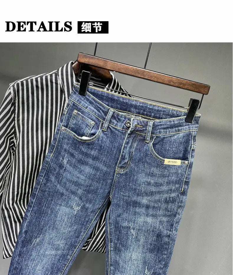 Jeans Men's Spring and Summer New High-end Trend Blue Slim-fitting Pants Brand Korean Streetwear High Street Retro Long Pants - trendingshoping.com