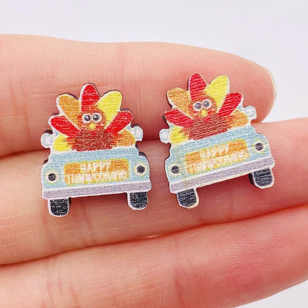 New Autumn Thanksgiving Ear Studs Maple Leaf  Pumpkin Turkey Sunflowe Dwarf Wooden Earrings Jewelry Thanksgiving Festival Gift