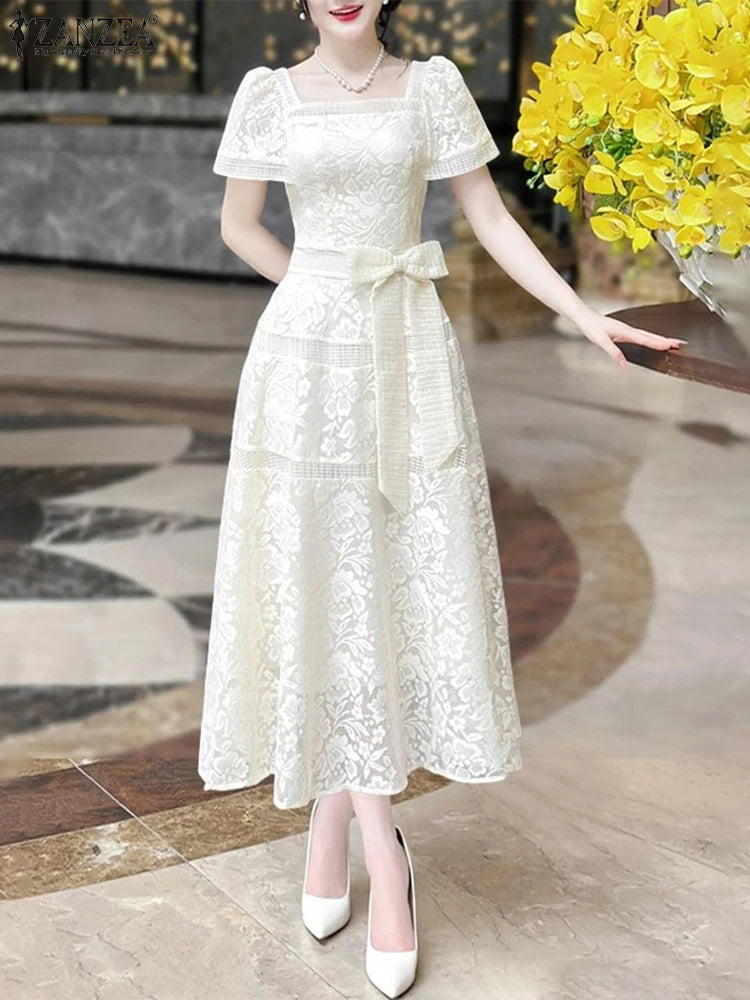 ZANZEA Women's Elegant Lace Midi Dress - Square Collar Short Sleeve Party Sundress