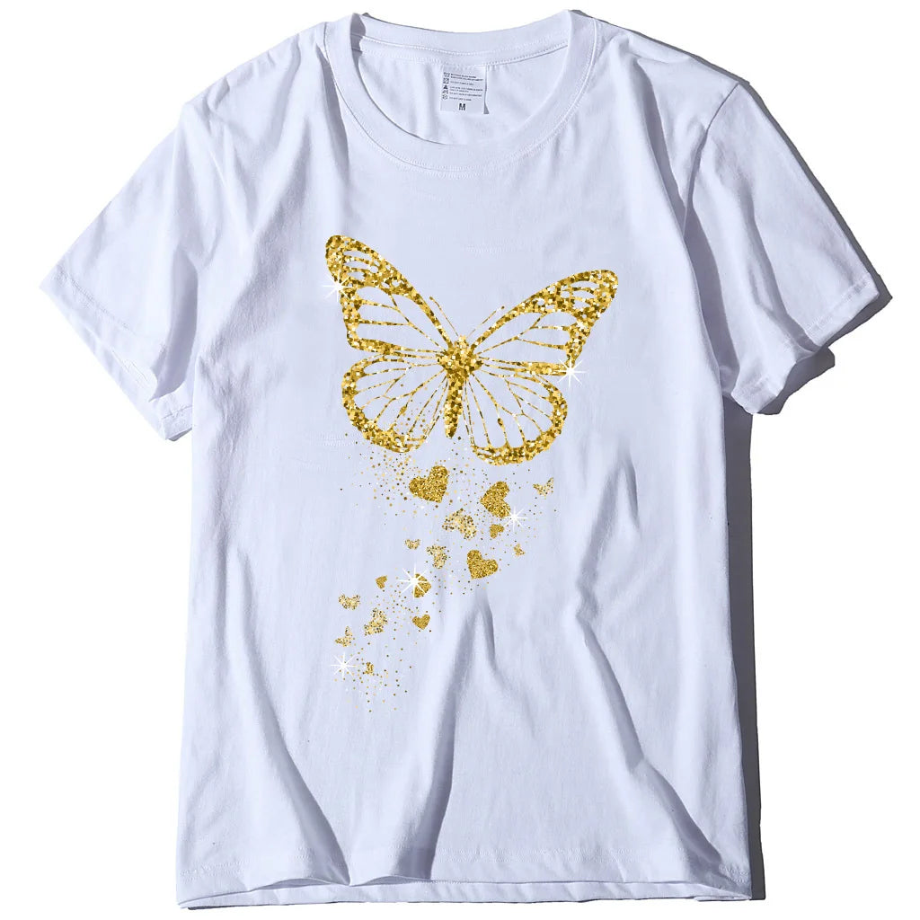 Golden Butterfly Print Women’s Casual T Shirt Short Sleeve O Neck Top