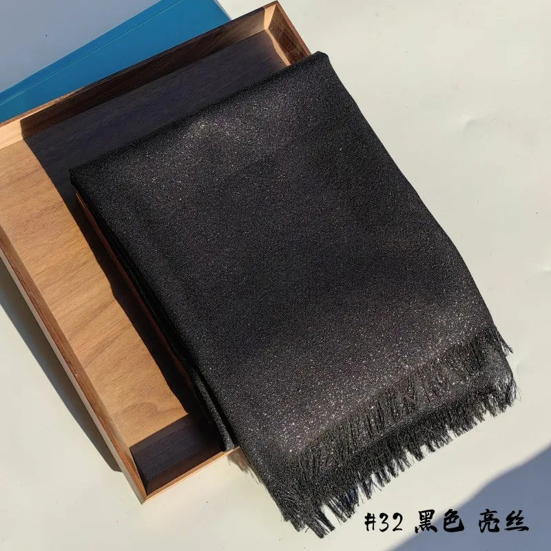 Lastest Brand Design Scarf Shiny Solid Color Shawls Rayon Fabric Gold Silk Silver Wire Head Shawl Fringe Hijab For Women