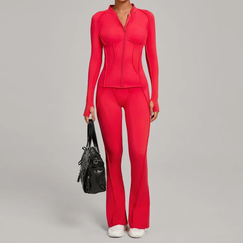 Women’s 2-Piece Zipper Gym Set - Long Sleeve Tracksuit & High-Waist Yoga Pants