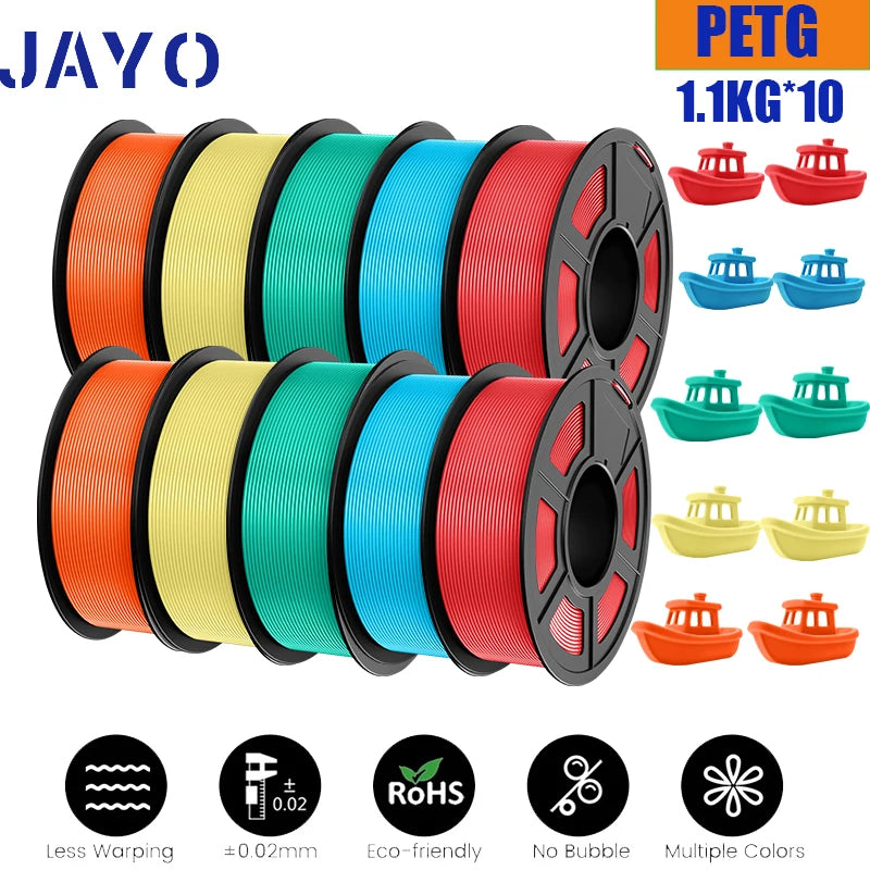 JAYO petg Filament 3d PETG 1.75mm 10Rolls Neatly Wound Toughness no bubbles 3D Printer Filament for FDM Muticolor 1.1KG /roll - trendingshoping.com