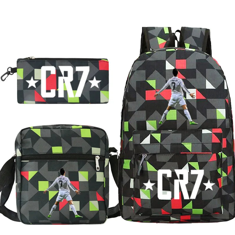 cr7 3-Piece Sport Athletic Backpack Set - Lightweight School Bag with Laptop Sleeve & Matching Pouches - Teens Travel Mochila