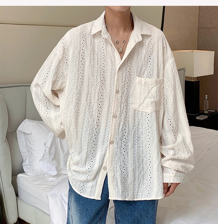Men's Mesh Long Sleeve Shirt - Sexy Hollow Out Vacation Button-Down
