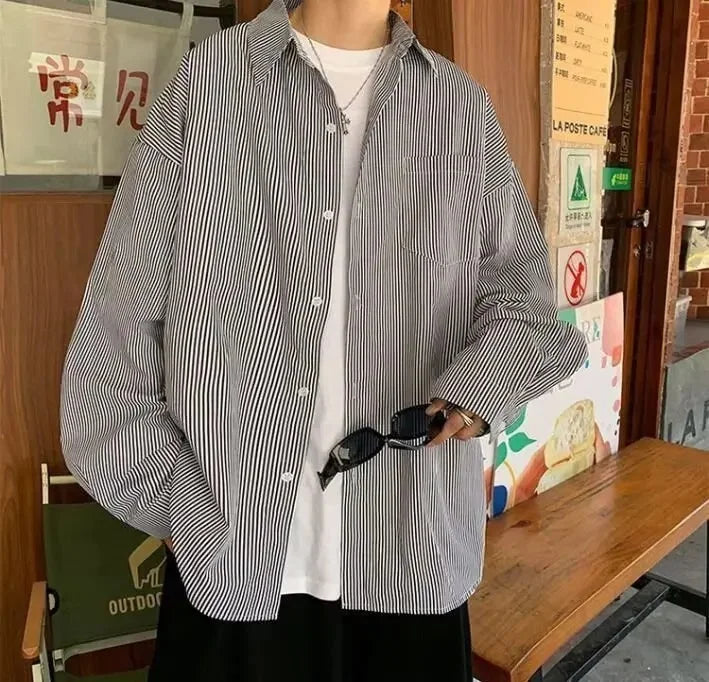 Casual Oxford Cloth Long Sleeve Shirt Men's Spring Summer New Style Hong Kong Style Japanese Stripe Thin Casual Workwear Jacket