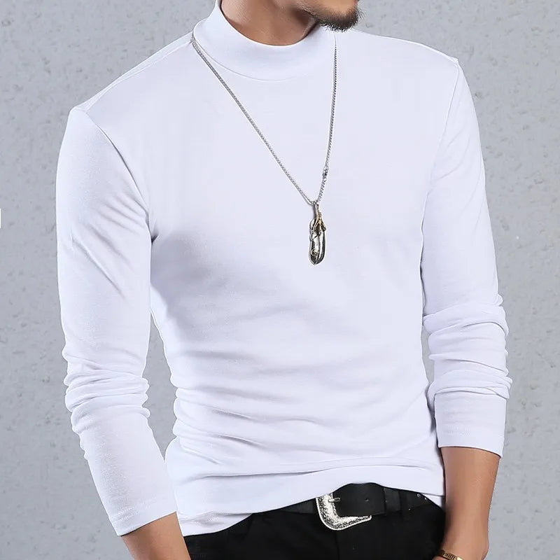 Men’s Solid Color Turtleneck Long Sleeve Slim Fit T-Shirt Spring Casual Top Plus Size
