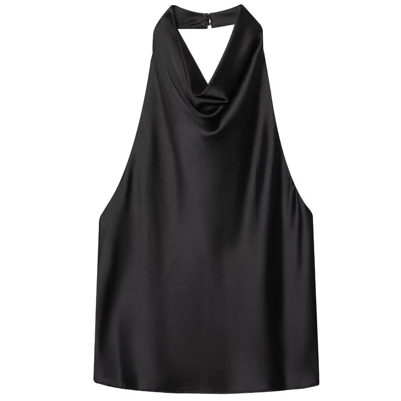 HXAO 2025 Women Satin Halter Top Summer Black Yellow Tanks & Camis Off Shoulder Crop Tank Top Fashion Sleeveless Backless Vests
