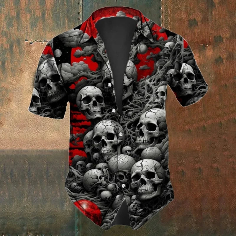 Men's Oversized Skull Shirt Short Sleeve Vintage Lapel Collar - Black & White