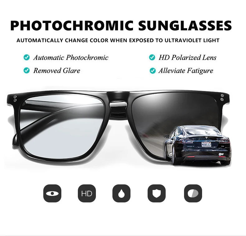 Rivet Square Photochromic Sunglasses Polarized Driving Glasses Men Women