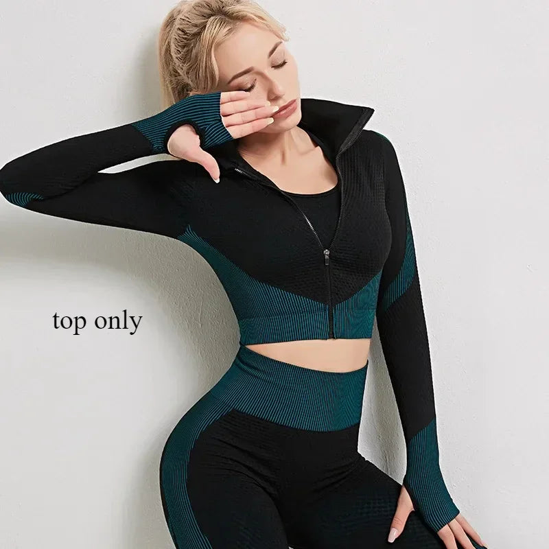 Yoga Clothes Gym Wear Women Fitness Clothing Outfit Workout Zipper Sportswear Long Sleeve Crop Bra Top Leggings Seperately Sold