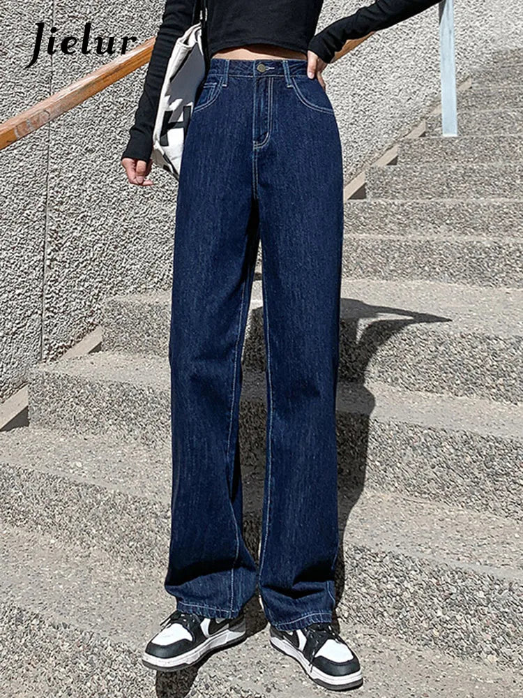 Jielur Dark Blue High Waist Washed Straight Wide Leg Womens Jeans Solid Color